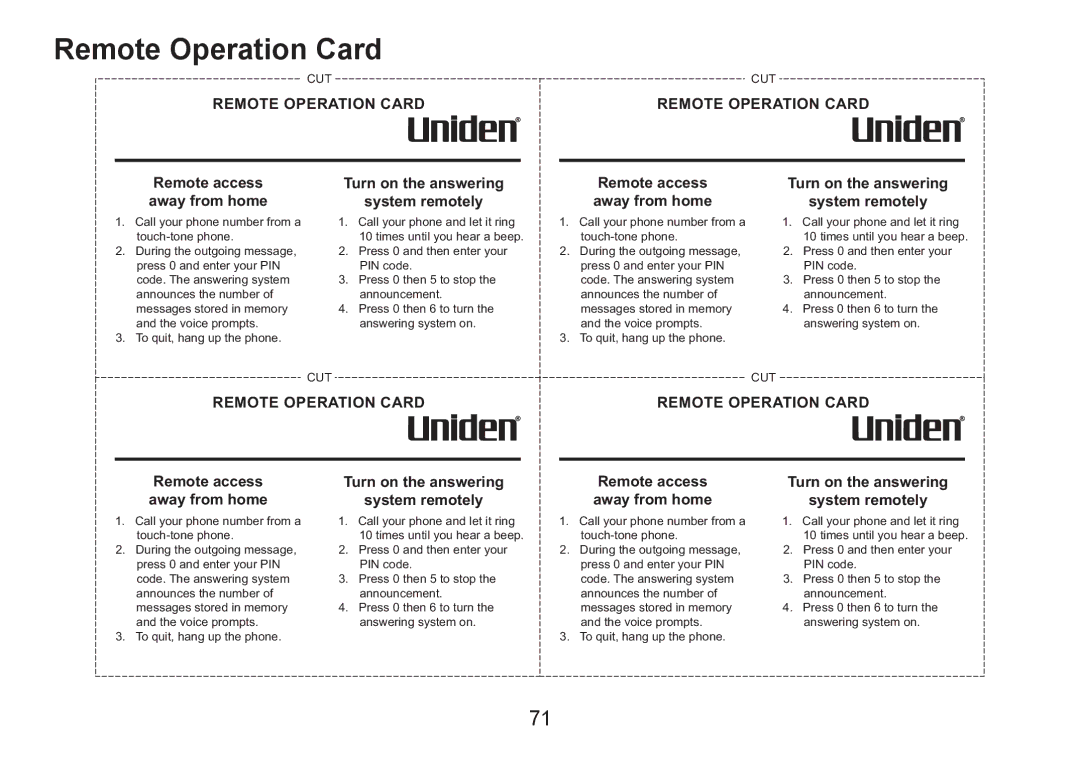 Uniden DECT1580 manual Remote Operation Card, Remote access away from home 