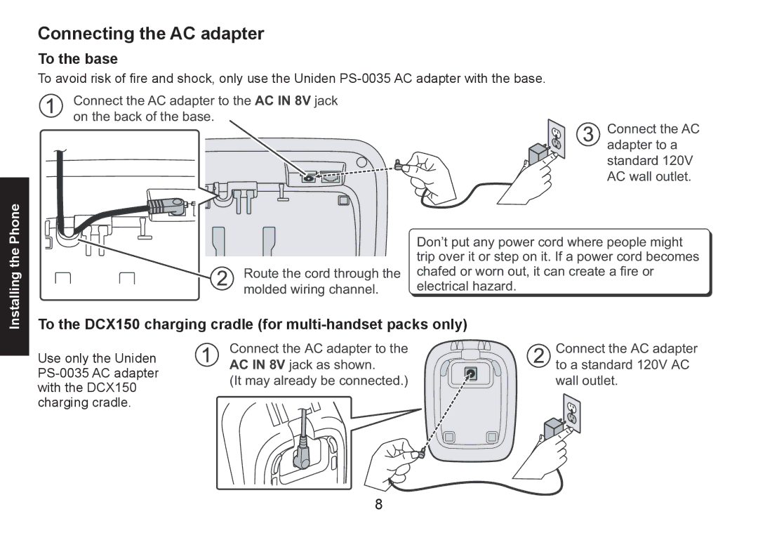 Uniden DECT1580 manual Connecting the AC adapter, To the base, To the DCX150 charging cradle for multi-handset packs only 