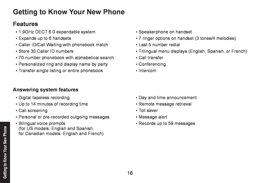 Uniden DECT1580 manual Getting to Know Your New Phone, Features, Answering system features 