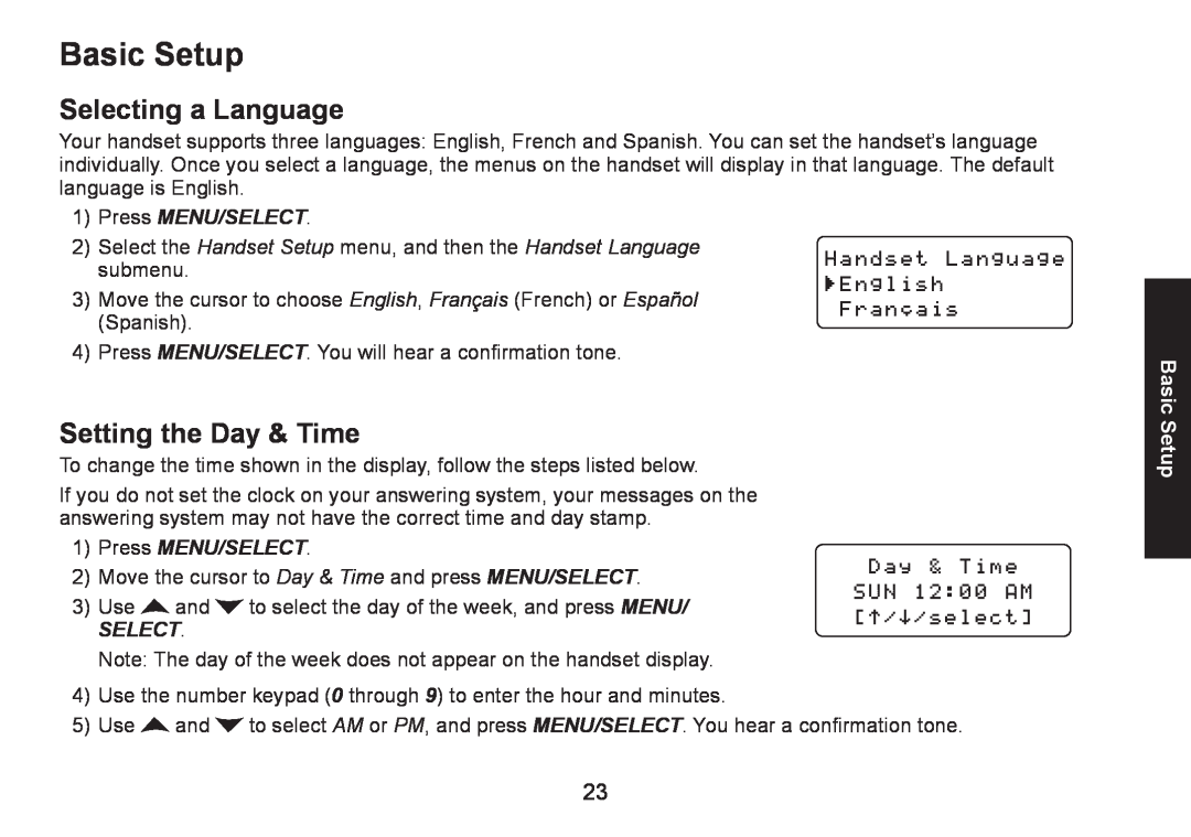 Uniden DECT1580 manual Basic Setup, Selecting a Language, Setting the Day & Time, Press Menu/Select, Press MENU/SELECT 