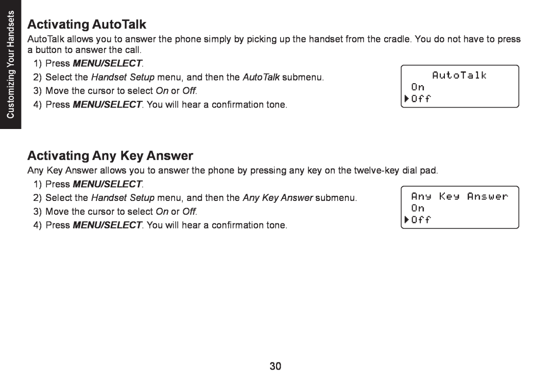 Uniden DECT1580 manual Activating AutoTalk, Activating Any Key Answer, Press Menu/Select 