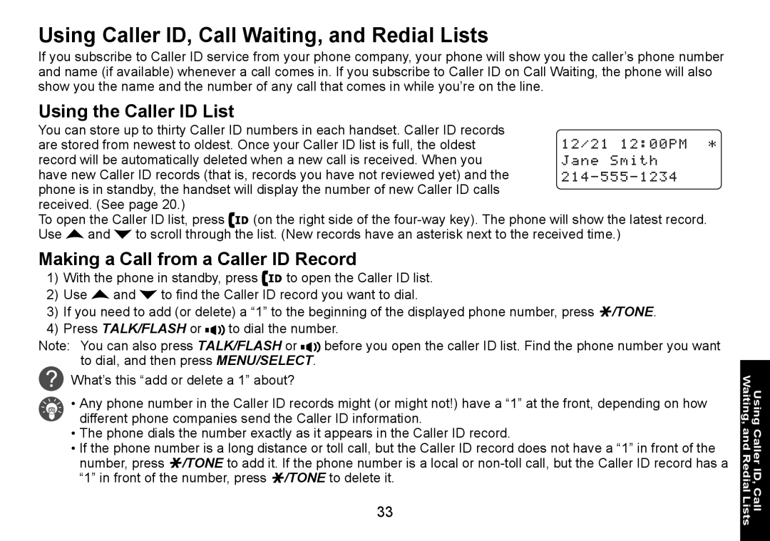 Uniden DECT1580 manual Using Caller ID, Call Waiting, and Redial Lists, Using the Caller ID List 