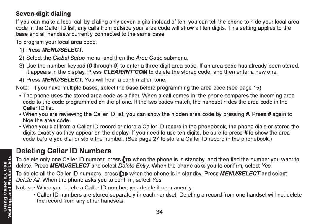 Uniden DECT1580 manual Deleting Caller ID Numbers, Seven-digit dialing, Press Menu/Select 