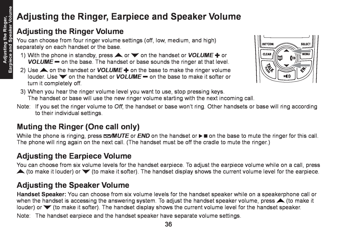 Uniden DECT1580 manual Adjusting the Ringer, Earpiece and Speaker Volume, Adjusting the Ringer Volume 