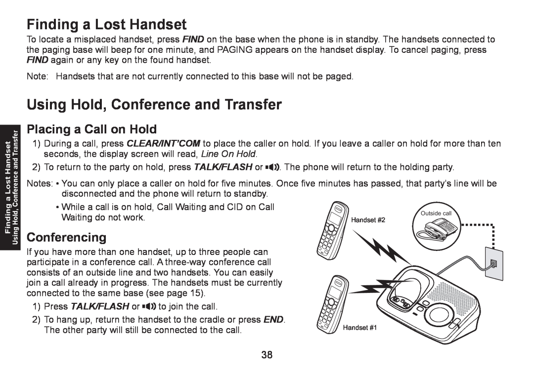 Uniden DECT1580 manual Finding a Lost Handset, Using Hold, Conference and Transfer, Placing a Call on Hold, Conferencing 