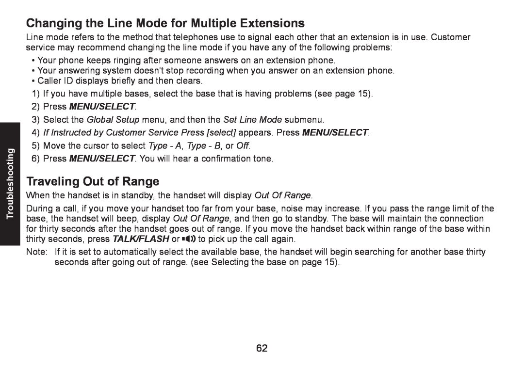 Uniden DECT1580 Changing the Line Mode for Multiple Extensions, Traveling Out of Range, Troubleshooting, Press Menu/Select 