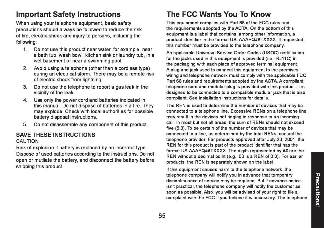 Uniden DECT1580 manual Important Safety Instructions, The FCC Wants You To Know, Save These Instructions, Precautions 