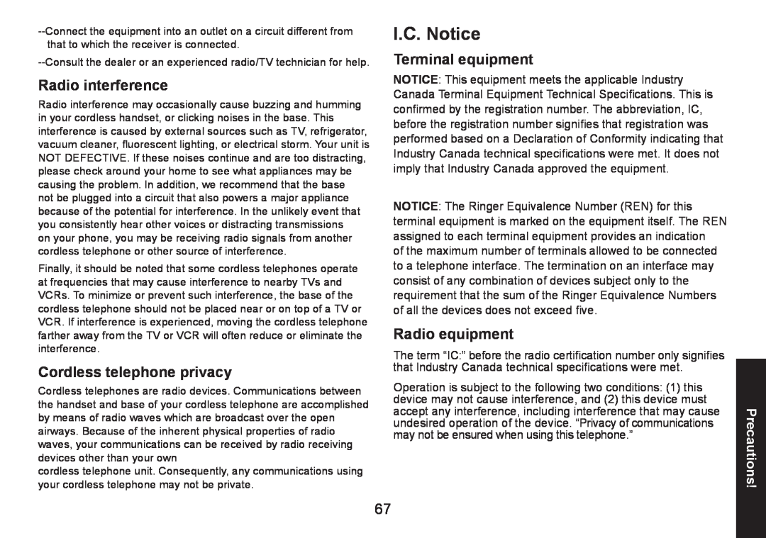 Uniden DECT1580 manual I.C. Notice, Radio interference, Cordless telephone privacy, Terminal equipment, Radio equipment 