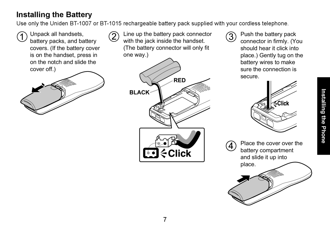 Uniden DECT1580 manual Installing the Battery, Red Black, Installing the Phone 