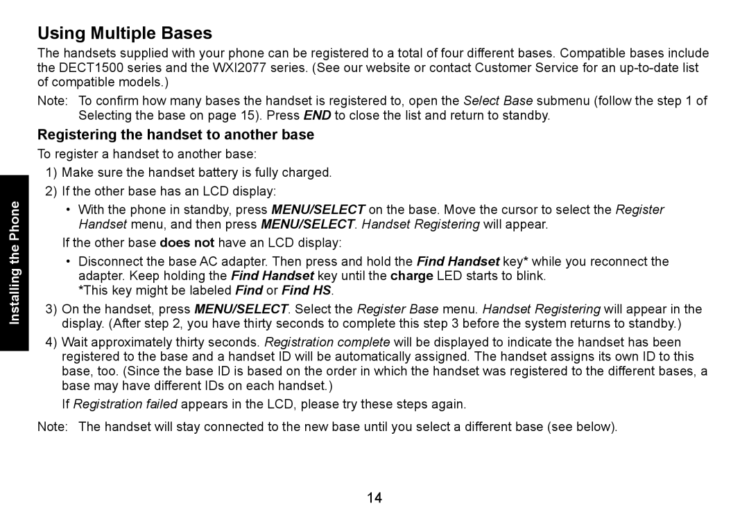 Uniden DECT1588-3 manual Using Multiple Bases, Registering the handset to another base 