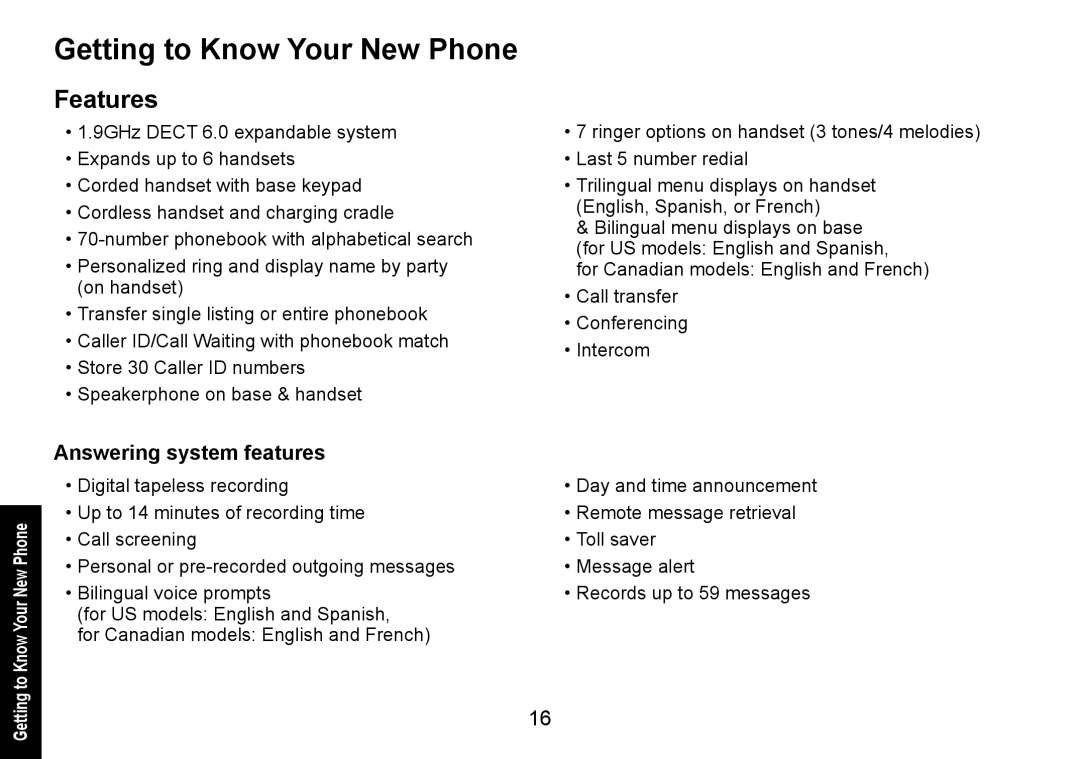 Uniden DECT1588-3 manual Getting to Know Your New Phone, Features, Answering system features 