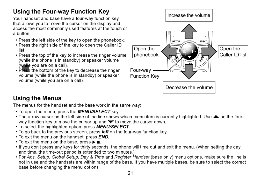 Uniden DECT1588-3 manual Using the Four-way Function Key, Using the Menus 