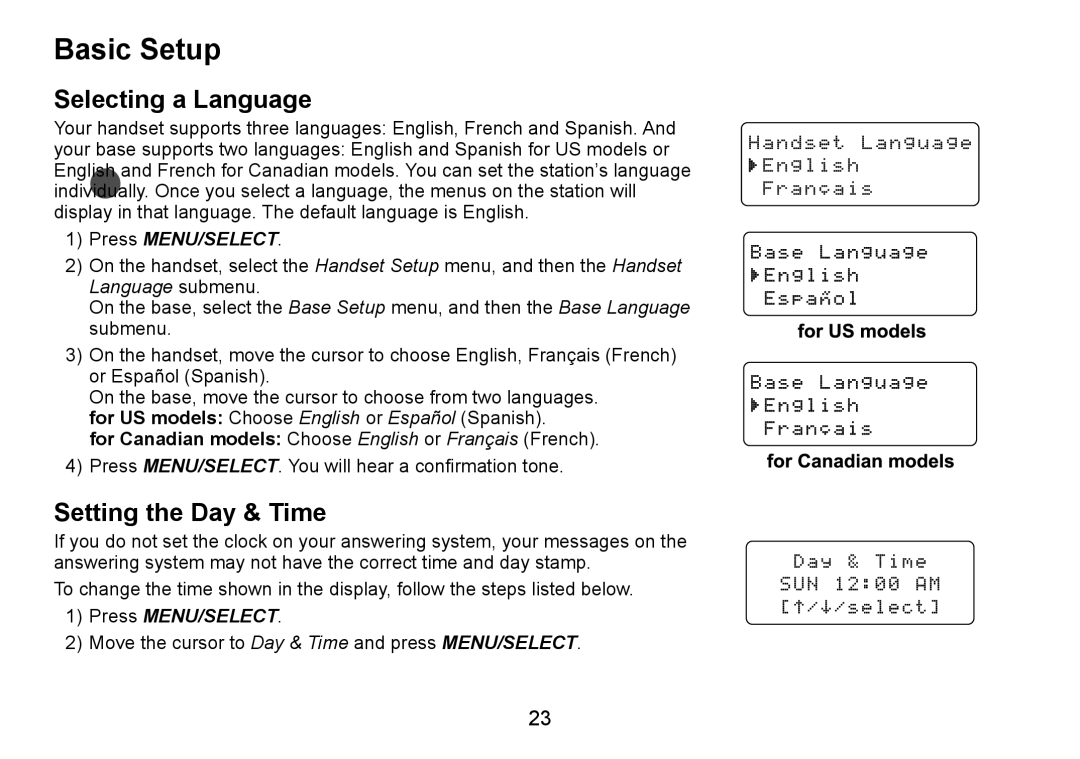 Uniden DECT1588-3 manual Basic Setup, Selecting a Language, Setting the Day & Time 