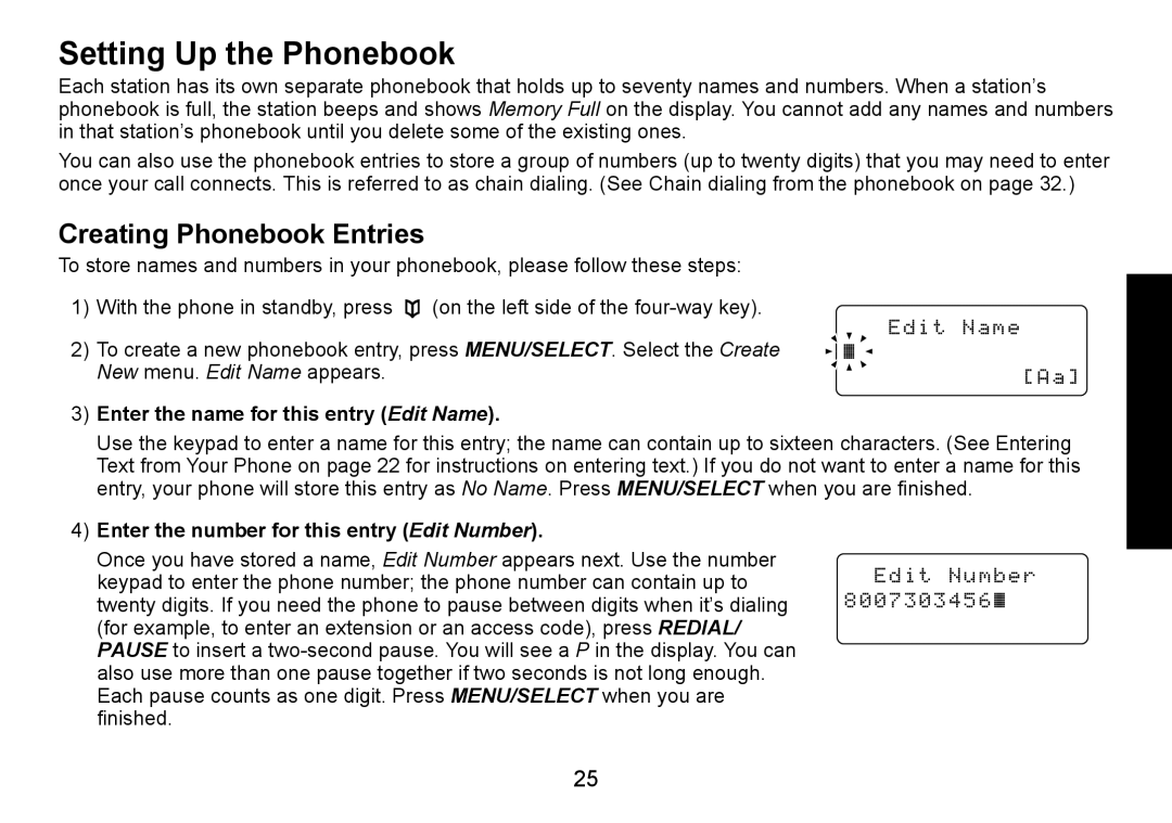 Uniden DECT1588-3 manual Setting Up the Phonebook, Creating Phonebook Entries, Enter the name for this entry Edit Name 