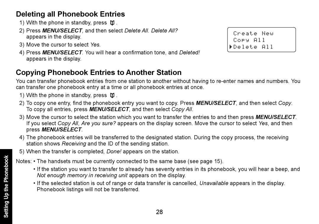 Uniden DECT1588-3 manual Deleting all Phonebook Entries, Copying Phonebook Entries to Another Station 