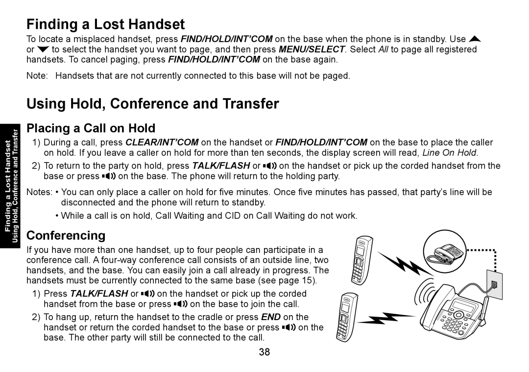 Uniden DECT1588 manual Finding a Lost Handset, Using Hold, Conference and Transfer, Placing a Call on Hold, Conferencing 