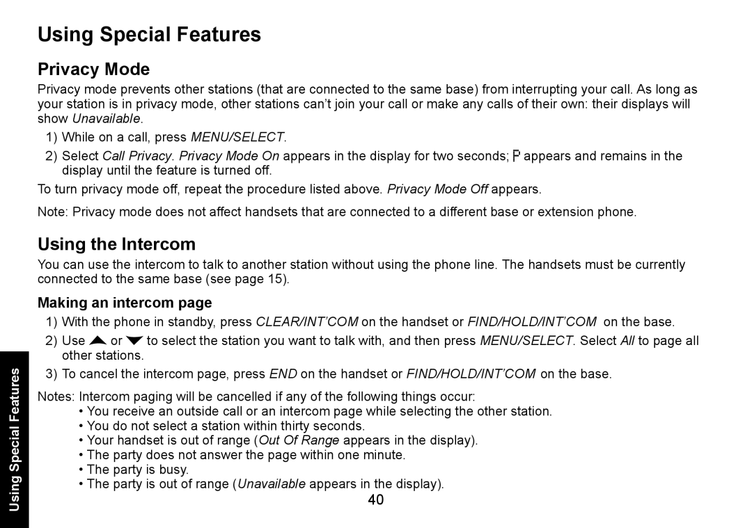 Uniden DECT1588-3 manual Using Special Features, Privacy Mode, Using the Intercom, Making an intercom 