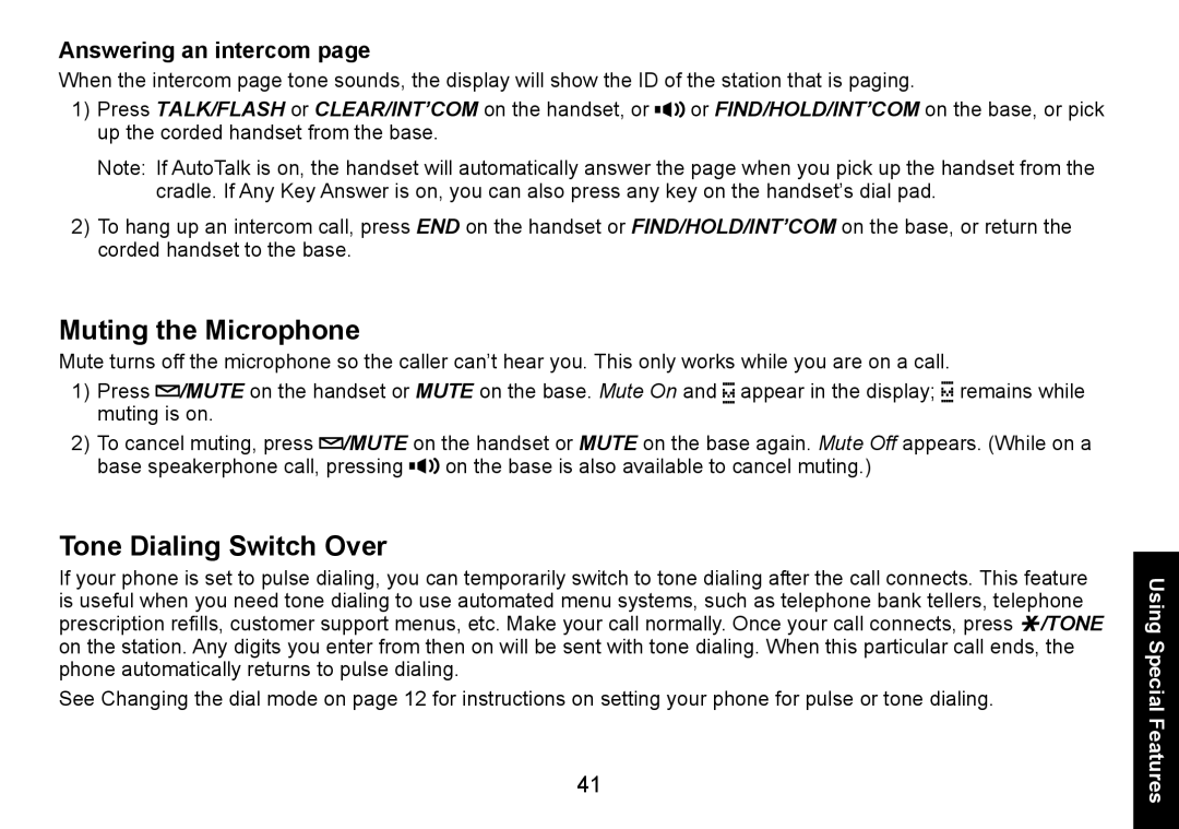 Uniden DECT1588-3 manual Muting the Microphone, Tone Dialing Switch Over, Answering an intercom 