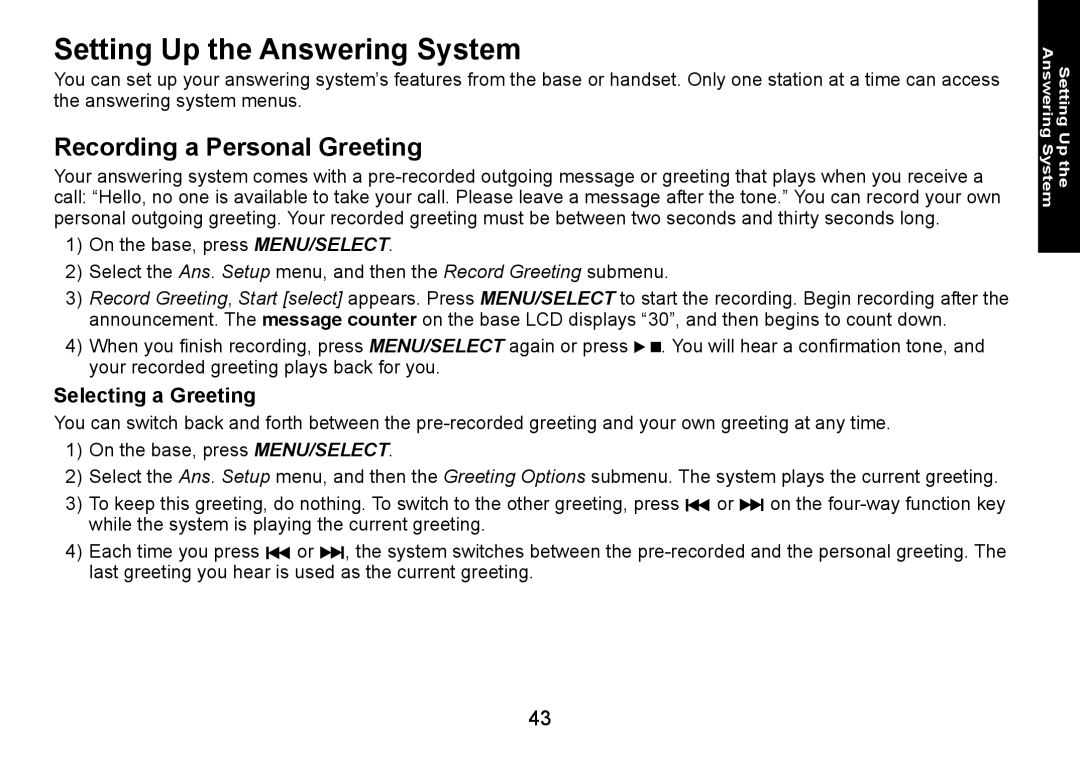 Uniden DECT1588-3 manual Setting Up the Answering System, Recording a Personal Greeting, Selecting a Greeting 