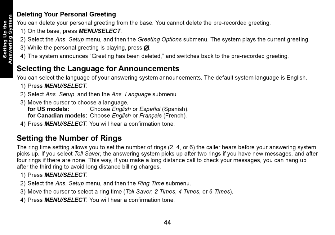 Uniden DECT1588 Selecting the Language for Announcements, Setting the Number of Rings, Deleting Your Personal Greeting 