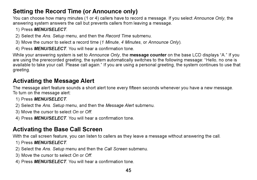 Uniden DECT1588-3 Setting the Record Time or Announce only, Activating the Message Alert, Activating the Base Call Screen 
