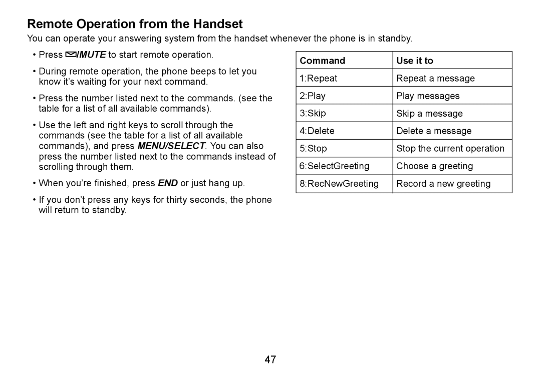 Uniden DECT1588-3 manual Remote Operation from the Handset, Command Use it to 