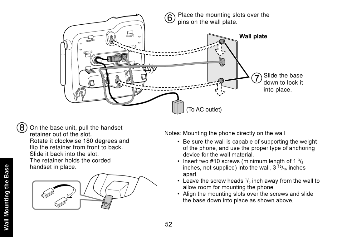 Uniden DECT1588-3 manual Wall Mounting the Base, Wall plate 