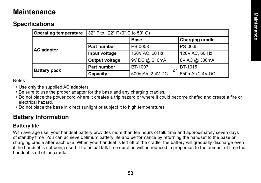 Uniden DECT1588-3 manual Maintenance, Specifications, Battery Information, Battery life 