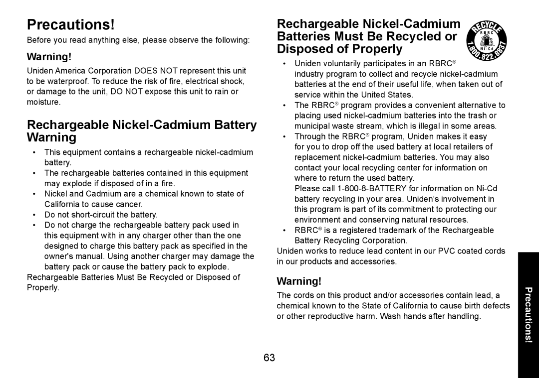 Uniden DECT1588-3 manual Precautions, Rechargeable Nickel-Cadmium Battery Warning 