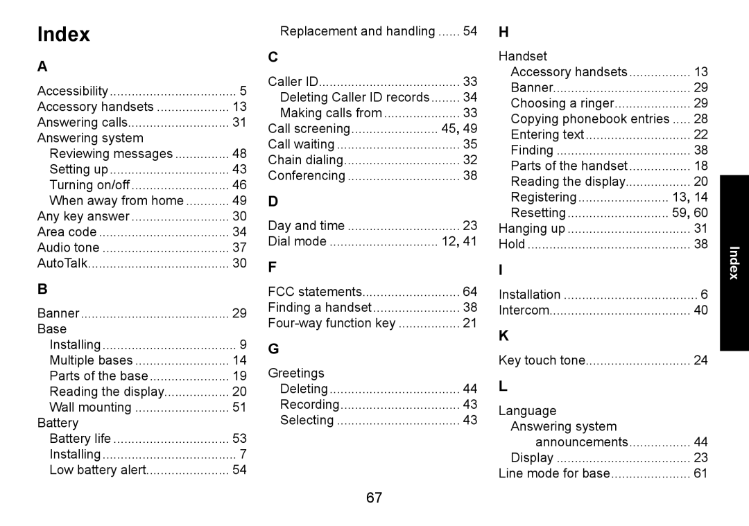 Uniden DECT1588-3 manual Index, Handset 