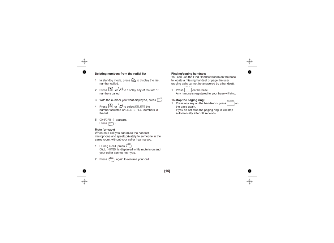 Uniden DECT1725+1 Deleting numbers from the redial list, Finding/paging handsets, Mute privacy, To stop the paging ring 