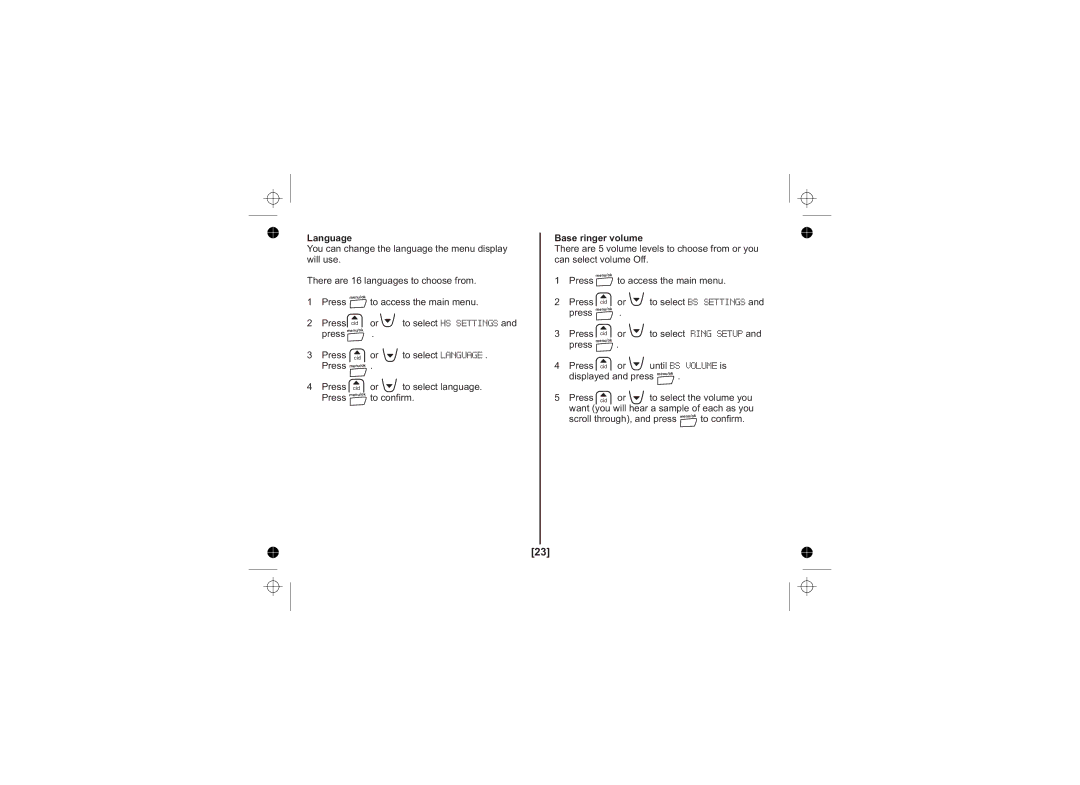 Uniden DECT1725+1, DECT1725+2 owner manual Language, Base ringer volume 