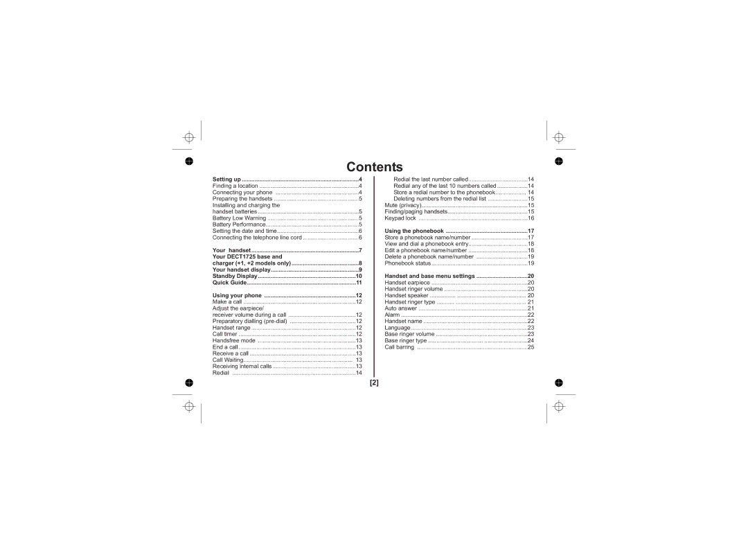 Uniden DECT1725+1, DECT1725+2 owner manual Contents 