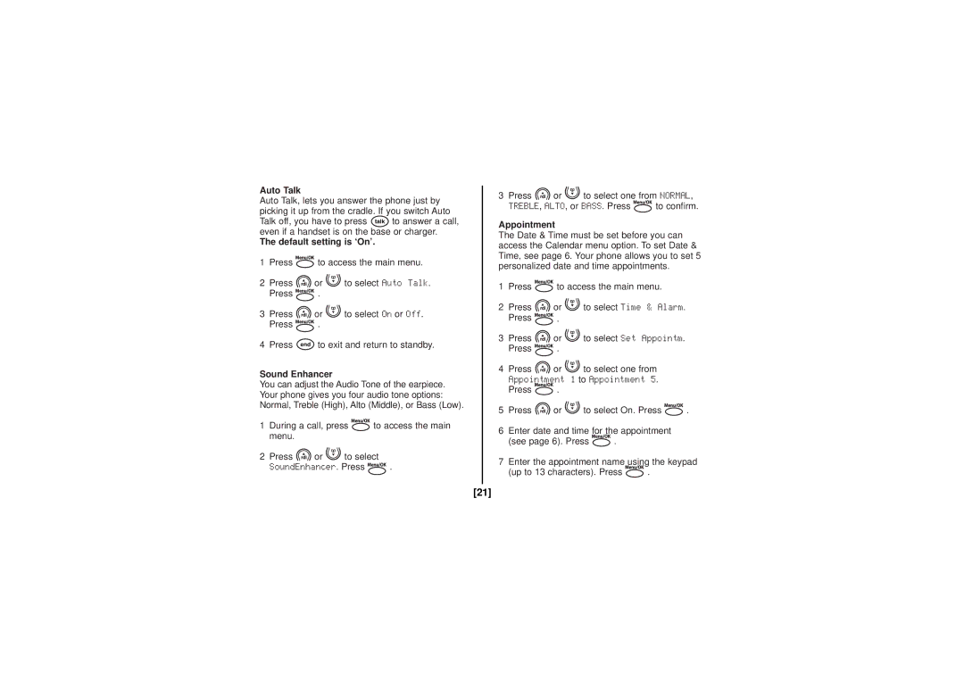 Uniden DECT180, DECT160 manual Auto Talk, Default setting is ‘On’, Sound Enhancer, Appointment 