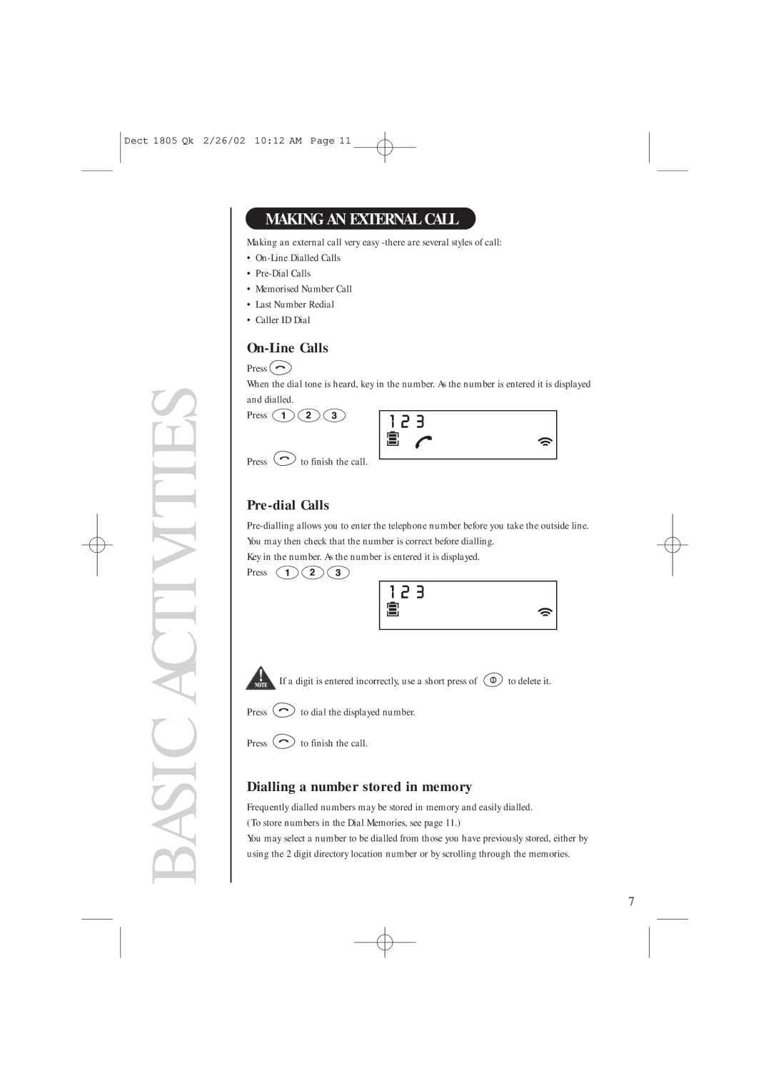Uniden DECT1805 manual Making AN External Call, On-Line Calls, Pre-dial Calls, Dialling a number stored in memory 