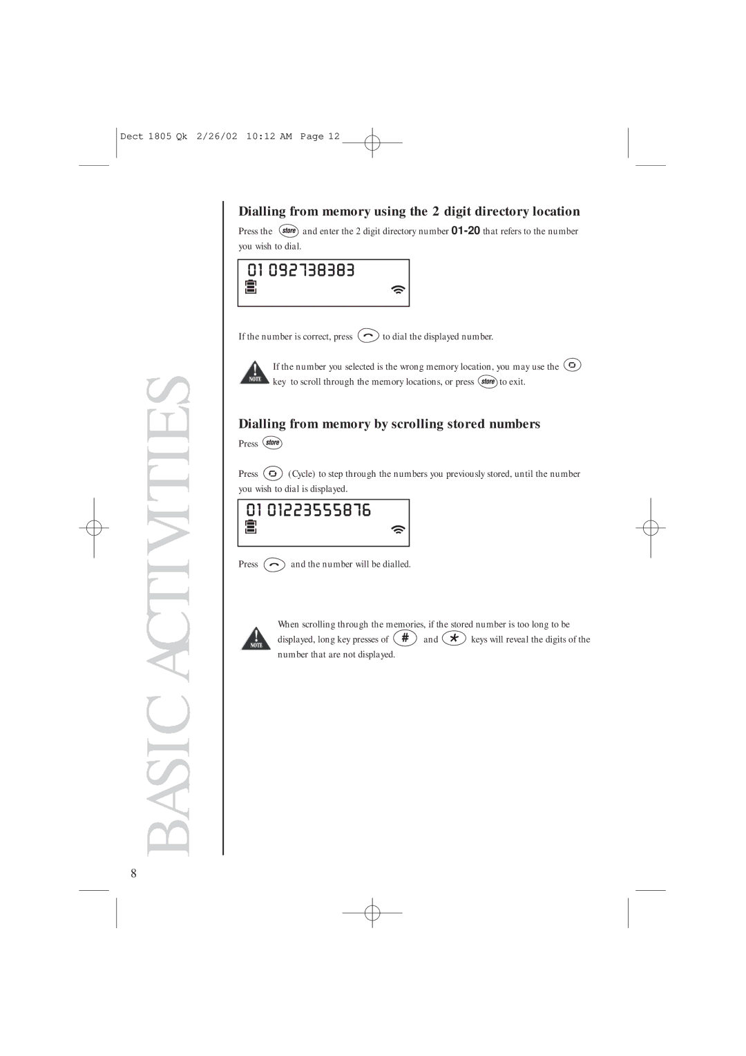 Uniden DECT1805 manual Dialling from memory using the 2 digit directory location 