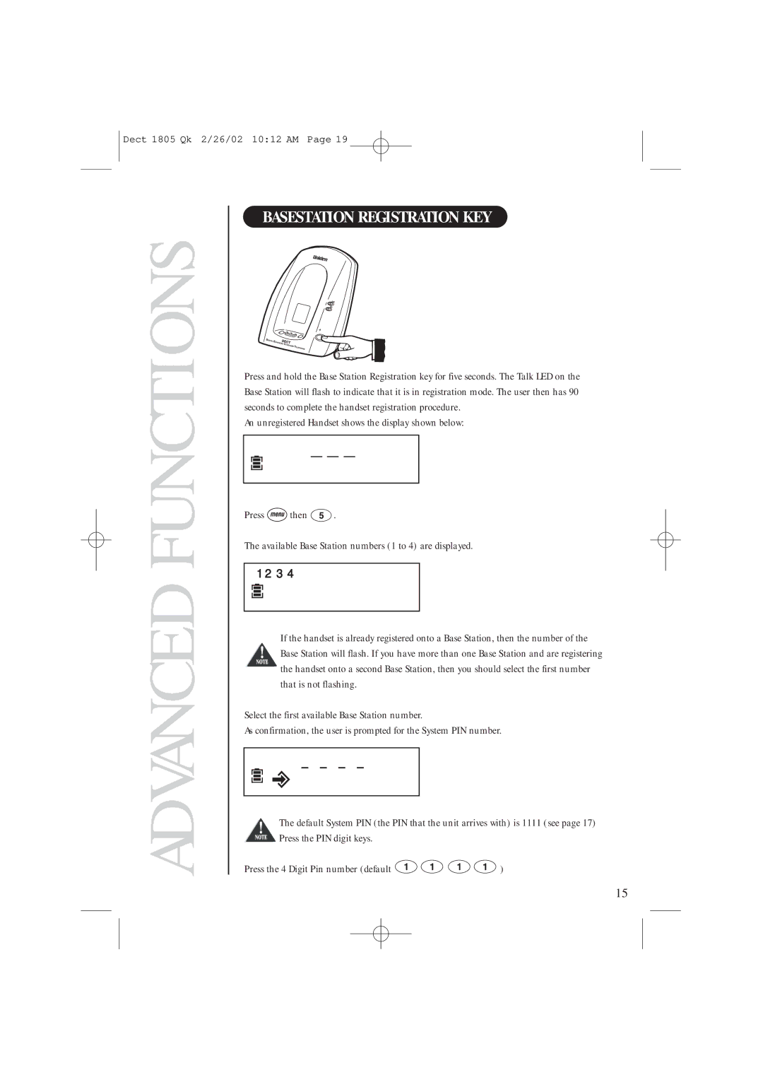 Uniden DECT1805 manual Basestation Registration KEY 