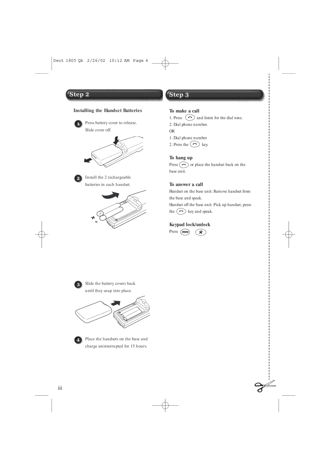 Uniden DECT1805 manual Press battery cover to release Slide cover off, Press or place the handset back on the base unit 