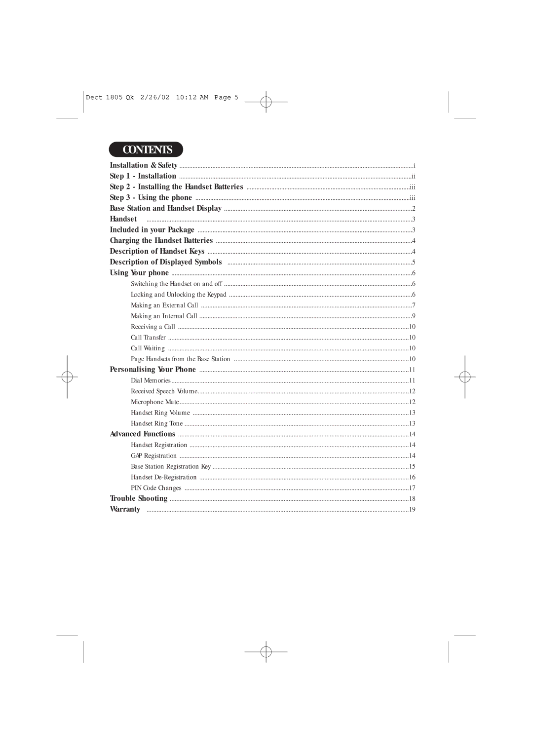 Uniden DECT1805 manual Contents 