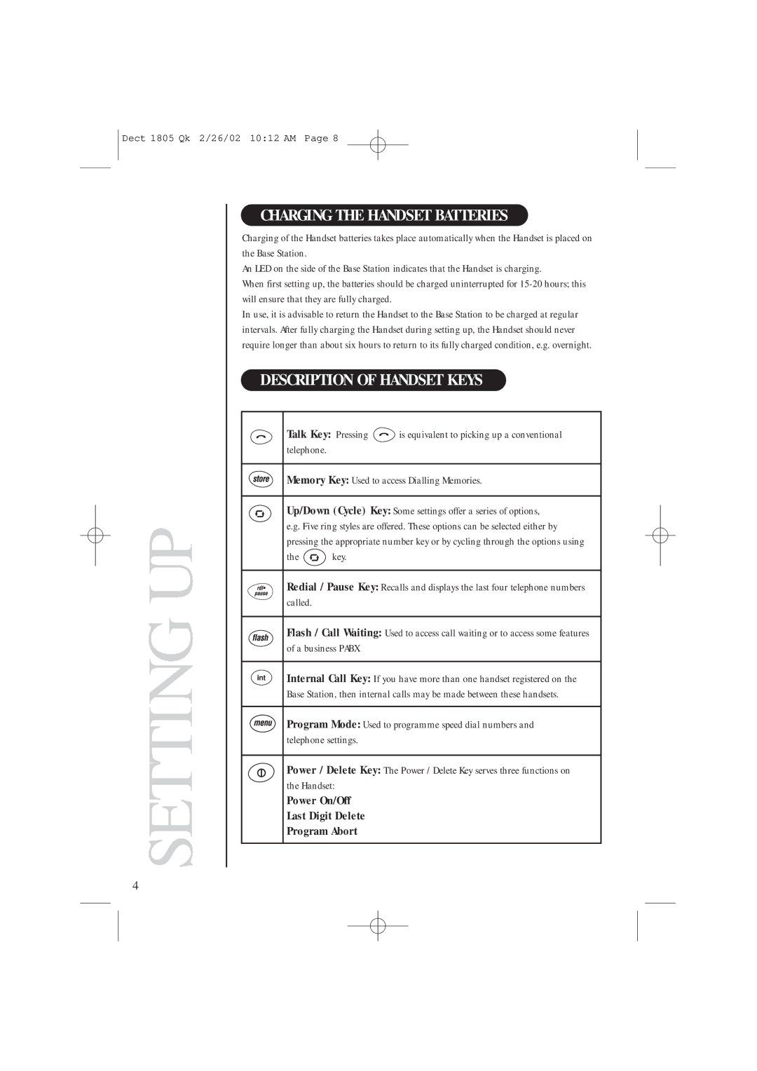 Uniden DECT1805 manual Charging the Handset Batteries, Description of Handset Keys 