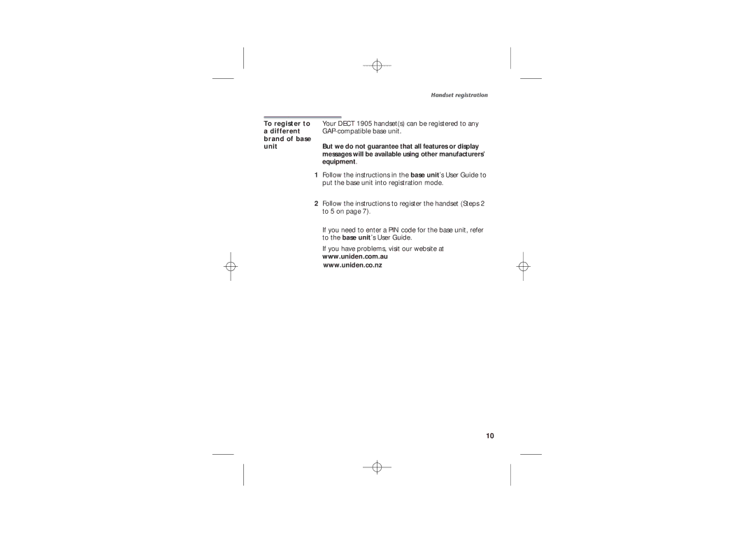 Uniden DECT1905 manual Handset registration 