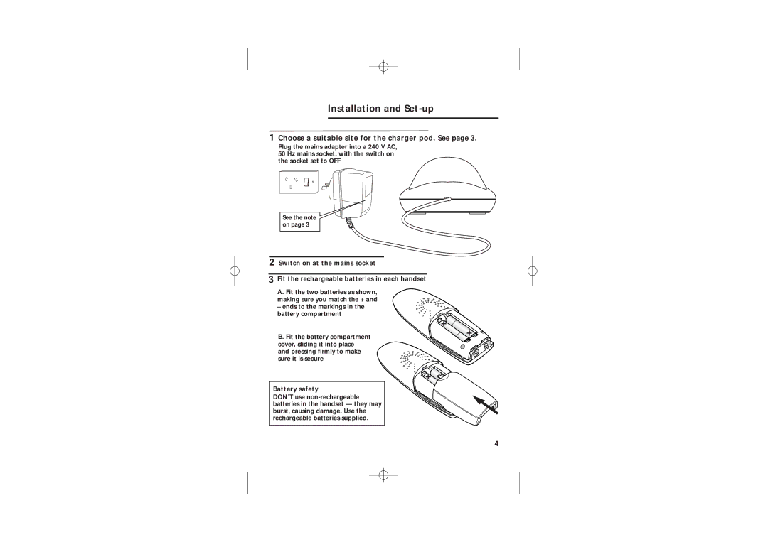 Uniden DECT1905 manual Installation and Set-up, Choose a suitable site for the charger pod. See 