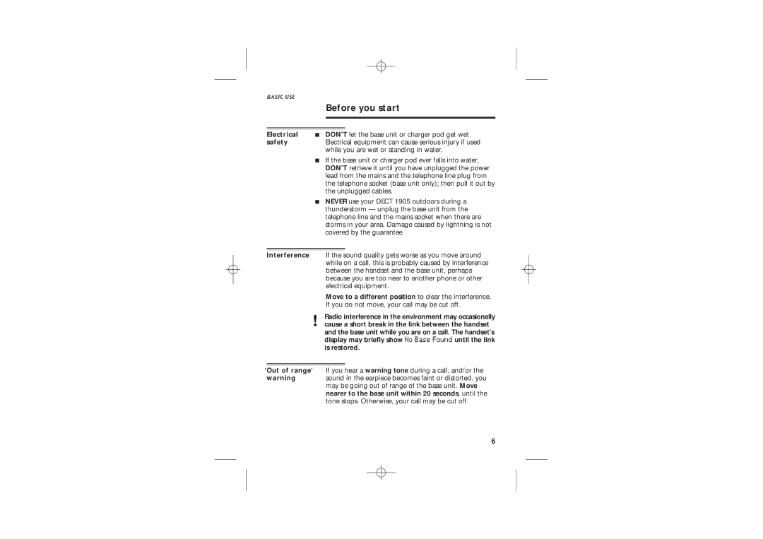 Uniden DECT1905 manual Before you start, Electrical, Safety, Move to a different position to clear the interference 