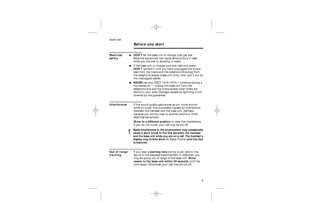 Uniden DECT1915+1 manual Before you start, Electrical, Safety, Move to a different position to clear the interference 