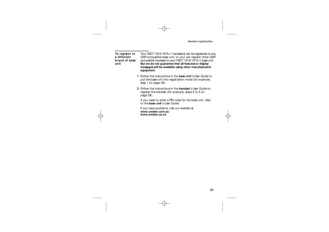 Uniden DECT1915+1 manual Handset registration 