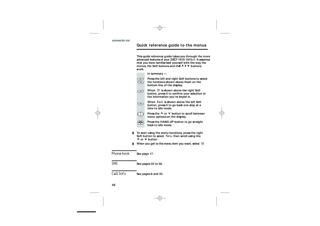 Uniden DECT1915+1 manual Quick reference guide to the menus, See 