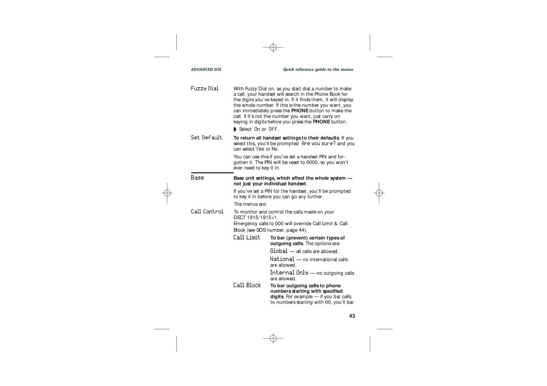 Uniden DECT1915+1 manual Not just your individual handset, To bar prevent certain types, To bar outgoing calls to phone 