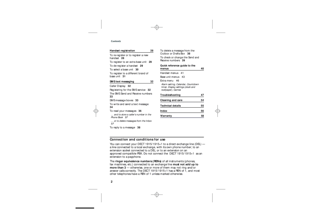 Uniden DECT1915+1 manual Connection and conditions for use, Contents 