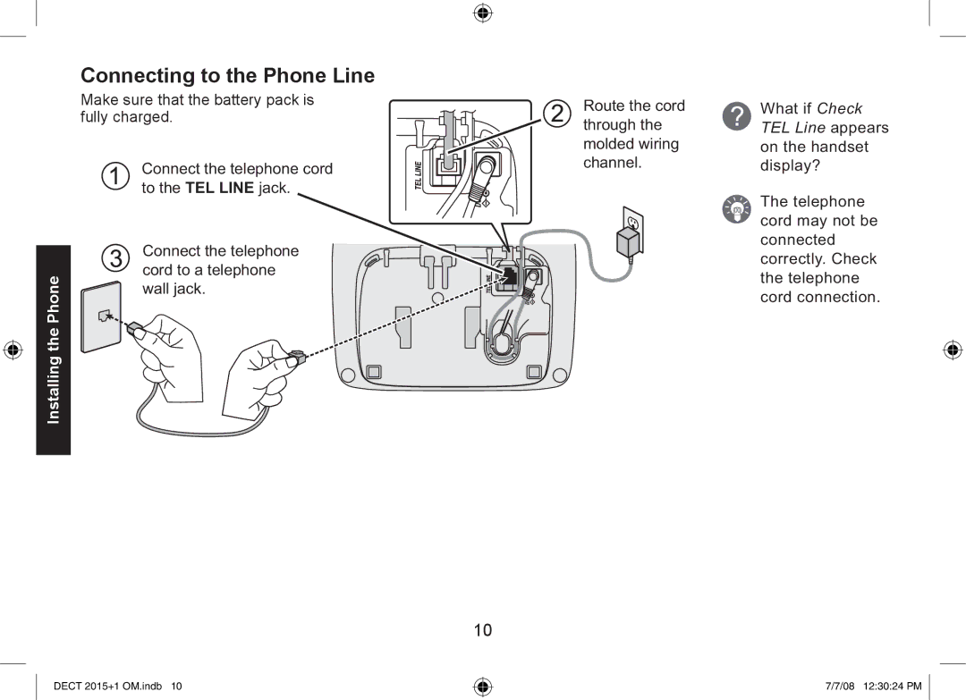 Uniden DECT2015+1, DECT2015+2 manual Connecting to the Phone Line, TEL Line appears 