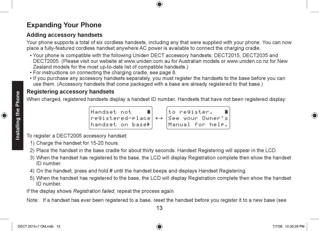 Uniden DECT2015+2, DECT2015+1 manual Expanding Your Phone, Adding accessory handsets, Registering accessory handsets 